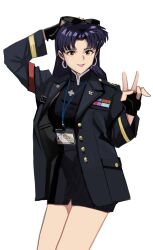 1girl absurdres black_dress black_gloves black_jacket breasts china_dress chinese_clothes dress fingerless_gloves gloves highres jacket jacket_over_dress katsuragi_misato long_hair long_sleeves looking_at_viewer neon_genesis_evangelion open_clothes open_jacket purple_hair simple_background solo standing sunglasses thighs v wani_(perfect_han) white_background