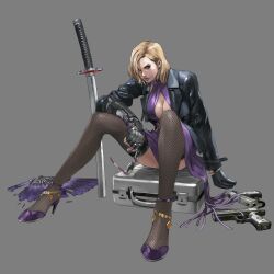 1girl absurdres asymmetrical_gloves black_gloves black_jacket blonde_hair blue_eyes breasts cleavage dress earrings fingerless_gloves fishnet_thighhighs fishnets frown gloves grey_background gun handgun high_heels highres holding holding_removed_eyewear jacket jewelry junny katana large_breasts looking_at_viewer namco nina_williams non-web_source official_art purple_dress purple_shoes shoes short_hair simple_background sitting solo suitcase sunglasses sword tekken tekken_8 thighhighs uneven_gloves unworn_eyewear v-shaped_eyebrows weapon