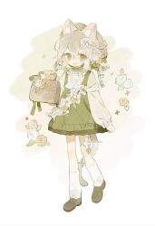 1girl :d animal_ear_fluff animal_ears basket bow dress flower frills full_body grey_eyes grey_hair hair_between_eyes hair_ornament hat holding long_sleeves memuro open_mouth puffy_long_sleeves puffy_sleeves rose short_hair simple_background smile socks standing tail white_socks