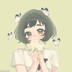 1girl :d blush bug butterfly butterfly_on_head chi_kan100 collared_shirt flower green_background green_eyes green_hair hair_intakes hands_up head_tilt holding holding_flower insect kimi_no_koto_ga_dai_dai_dai_dai_daisuki_na_100-nin_no_kanojo looking_at_viewer necktie_in_pocket ohananomitsu_high_school_uniform open_mouth outline school_uniform shirt short_bangs short_hair short_sleeves simple_background smile solo thick_eyebrows twitter_username white_butterfly white_flower white_outline white_shirt yasashiki_yamame