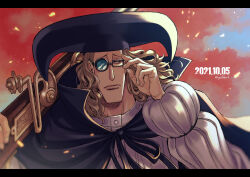 1boy adjusting_eyewear artist_name black_cape black_hat brown_hair cape closed_mouth dated glasses gun hat holding holding_gun holding_weapon long_hair long_sleeves male_focus one_piece rectangular_eyewear rifle round_eyewear solo sunglasses van_augur weapon youkan_(tako)