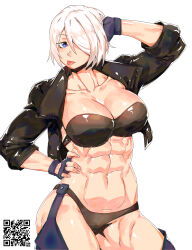 1girl :p abs absurdres alternate_muscle_size angel_(kof) arm_up backless_pants black_bra black_jacket black_panties blue_eyes blue_gloves blue_pants bra breasts chaps cleavage closed_mouth collarbone cowboy_shot crop_top cropped_jacket expressionless female_focus fingerless_gloves fingernails frontless_pants gloves hair_over_one_eye half-closed_eyes hand_on_own_head hand_on_own_waist highres jacket large_breasts leather leather_jacket looking_at_viewer midriff minew muscular muscular_female muscular_legs navel obliques open_clothes open_jacket panties pants qr_code short_hair short_sleeves simple_background snk solo strapless strapless_bra the_king_of_fighters the_king_of_fighters_xiv tongue tongue_out underwear white_background white_hair