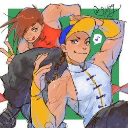 Rule 34 | 2boys, ?, arm up, bare shoulders, black footwear, black pants, border, braid, bridal gauntlets, brothers, brown eyes, brown hair, chinese clothes, closed mouth, commentary request, hair over one eye, hand on own head, hat, kurononekojyo, long hair, looking to the side, male focus, mandarin collar, multiple boys, musical note, one eye closed, outside border, pants, red shirt, shirt, siblings, single braid, sleeveless, sleeveless shirt, smile, speech bubble, spoken question mark, street fighter, street fighter iii (series), swept bangs, tongue, tongue out, twins, twitter username, v, white border, white shirt, yang lee, yellow bridal gauntlets, yellow trim, yun lee