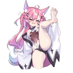 1girl absurdres ahoge animal_ears ass bare_legs bare_shoulders barefoot black_panties blush bow bowtie breasts chinese_commentary closed_eyes coat commentary_request fox_ears fox_girl fox_tail gradient_hair hair_between_eyes hair_ornament hairclip hand_up highres holding_own_leg indie_virtual_youtuber leotard long_bangs long_hair long_sleeves multicolored_hair navel no_shoes open_clothes open_coat open_mouth panties pink_hair shippitsu sidelocks simple_background sleeves_past_fingers sleeves_past_wrists soles solo split standing standing_on_one_leg standing_split star_(symbol) tail teletha_(vtuber) thighs toes trembling underwear very_long_hair virtual_youtuber white_background white_coat