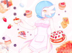 Rule 34 | 1girl, alternate color, apron, artist name, blue hair, colored skin, cookie, cup, cupcake, food, fruit, galutine, gardevoir, gen 3 pokemon, hair over one eye, holding, holding cup, naked apron, nintendo, orange eyes, pancake, parted lips, pink apron, pokemon, pokemon (creature), shiny pokemon, smile, strawberry, teacup, white skin