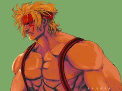 Rule 34 | 1boy, alex (street fighter), blonde hair, facial tattoo, frown, groovy (docilebread), headband, highres, large pectorals, male focus, messy hair, muscular, muscular male, pectorals, profile, red headband, solo, street fighter, street fighter v, suspenders, tattoo