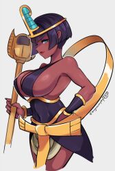 1girl black_hair blue_eyes bob_cut breasts cowboy_shot cropped_legs d-ryuu dark-skinned_female dark_skin eliza_(skullgirls) fingernails from_side grey_background holding holding_microphone_stand large_breasts lips long_fingernails looking_at_viewer microphone microphone_stand red_lips short_hair sideboob skullgirls smile solo tiara vambraces