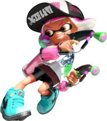 Rule 34 | 1girl, 3d, absurdres, bare arms, baseball cap, bike shorts, blue shoes, dynamic pose, eye mask, full body, gradient hair, grin, hat, highres, holding, holding weapon, ink tank (splatoon), inkling, inkling girl, inkling player character, miniskirt, multicolored hair, nintendo, official art, orange eyes, paint splatter, paint splatter on face, pink hair, red skirt, shoes, short eyebrows, short hair, sidelocks, skirt, smile, sneakers, solo, splat dualies (splatoon), splatoon (series), splatoon 2, spotted hair, suction cups, surume (splatoon), tan, tank top, tentacle hair, thick eyebrows, transparent background, two-tone hair, v-shaped eyebrows, weapon, white tank top