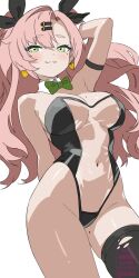 Rule 34 | 1girl, arm strap, black ribbon, blush, bow, bowtie, breasts, center opening, covered navel, detached collar, green bow, green bowtie, green eyes, highres, large breasts, leotard, long hair, looking at viewer, nicole demara, pink hair, playboy bunny, ribbon, see-through cleavage, see-through clothes, single thighhigh, skindentation, smile, solo, standing, stomach, thighhighs, torn clothes, torn thighhighs, twintails, very long hair, white background, xel4, zenless zone zero
