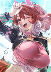 1girl ;d animal_ears blue_sky breasts brown_hair cloud commentary_request dantsu_flame_(umamusume) day ear_covers horse_ears horse_girl horse_tail large_breasts long_sleeves multicolored_hair one_eye_closed open_mouth outdoors short_hair sky smile sweat tail teeth two-tone_hair umamusume upper_teeth_only white_hair yellow_eyes youmou_usagi