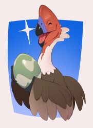 absurdres beak brown_feathers closed_eyes combos_&amp;_doodles egg feathers highres holding holding_egg no_humans open_mouth original oviraptor solo