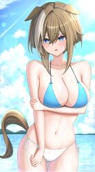 Rule 34 | 1girl, absurdres, alternate costume, animal ears, bikini, blue eyes, blush, breasts, brown hair, cheval grand (umamusume), collarbone, commentary request, highres, horse ears, horse girl, large breasts, lens flare, looking at viewer, navel, ocean, shikachi, sky, solo, swimsuit, umamusume, wet