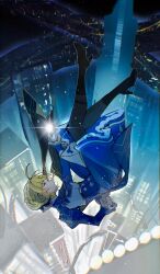1girl ahoge artoria_pendragon_(fate) blonde_hair blue_dress braid city city_lights crossover dress falling fate/stay_night fate_(series) green_eyes hair_ribbon highres honkai:_star_rail honkai_(series) long_sleeves official_alternate_costume ribbon saber_(fate) saber_(honkai:_star_rail)_(fate) short_hair solo stella_(105_yoru)