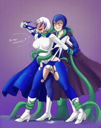 absurdres anal blue_eyes heroine_in_trouble highres original purple_hair rape skin_tight_clothing superhero_costume supervillain tentacles torn_clothes unmasking wedgie white_hair yellow_eyes zone-tan