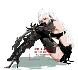 1girl breasts character_request commentary_request copyright_request hatsuka_(hatuka666) joints long_hair mechanical_arms mechanical_legs medium_breasts parted_bangs robot_joints sitting solo watermark white_hair