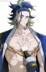... 1boy adaman_(pokemon) bara blue_hair blue_jacket brown_eyes chariko closed_mouth commentary earrings eyebrow_cut green_hair hand_on_another&#039;s_chest heart high_ponytail jacket jewelry long_sleeves looking_at_viewer loose_hair_strand male_focus messy messy_hair multicolored_hair multiple_boys necklace nintendo nipples open_clothes open_jacket pectoral_grab pectoral_squeeze pectorals pokemon pokemon_legends:_arceus ponytail pov pov_hands raised_eyebrow scar scar_on_chest shirtless_male short_hair sparkle spoken_heart sweatdrop topless_female topless_male unamused unimpressed upper_body