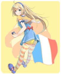 1girl ahoge aqua_eyes blue_shoes can capelet drink_can female_focus flag france french_flag full_body hairband highres holding kurokin light_brown_hair long_hair looking_at_viewer orangina original pantyhose patterned_legwear shoes shorts smile soda_can solo striped_clothes striped_pantyhose thighhighs two-tone_stripes
