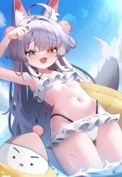 1girl absurdres ahoge animal_ears arm_up armpits bikini blue_eyes blue_sky blush day fang flat_chest frilled_bikini frills hair_ornament heterochromia highres j.j_(66752902) lens_flare long_hair looking_at_viewer navel open_mouth outdoors pom_pom_(clothes) pom_pom_hair_ornament purple_hair skin_fang sky smile solo stellive stomach summer swimsuit tail tenko_shibuki virtual_youtuber wading wet white_bikini yellow_eyes