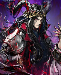 animal_ears arknights black_hair curly_hair horns jewelry laurel_crown male_focus purple_eyes ring ryuuzaki_ichi sheep_ears witch_king_(arknights) yellow_pupils