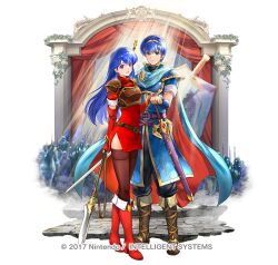 Rule 34 | 1boy, 1girl, 6+others, armor, blue eyes, blue hair, boots, bracelet, breastplate, caeda (fire emblem), cape, commentary request, company name, fire emblem, fire emblem: mystery of the emblem, fire emblem heroes, full body, holding, holding hands, holding polearm, holding weapon, jewelry, knee boots, long hair, looking at viewer, marth (fire emblem), multiple others, nintendo, official art, polearm, red boots, short hair, sword, tiara, two-sided cape, two-sided fabric, weapon, yamada koutarou