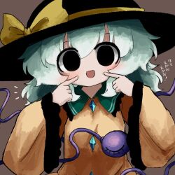 1girl black_eyes black_hat blush brown_background buttons diamond_button eyeball frilled_shirt_collar frilled_sleeves frills green_hair hat hat_ribbon heripantomorrow index_finger_raised komeiji_koishi looking_at_viewer pointing pointing_at_self ribbon shirt smile solid_circle_eyes solo third_eye touhou wide_sleeves yellow_ribbon yellow_shirt