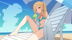 1girl aqua_bikini aqua_eyes arm_at_side bare_legs beach beach_chair bikini blonde_hair blue_sky bonnou_peace bowtie breasts cleavage cloud cocktail_glass cup drink drinking_glass drinking_straw from_side hair_over_shoulder hair_ribbon half-closed_eyes hand_up holding holding_drink holding_glasses horizon knee_up light_blush long_hair looking_at_viewer looking_to_the_side nail_polish navel ocean off_shoulder original outdoors parasol parted_lips pink_bow pink_bowtie pink_nails pink_ribbon ribbon shirt shirt_partially_removed sitting sky small_breasts solo swimsuit toes twintails umbrella white_shirt