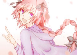 1boy astolfo_(fate) black_bow bow braid crossdressing fate/apocrypha fate/grand_order fate_(series) hair_bow hood hoodie multiple_hair_bows pink_hair purple_eyes purple_hoodie single_braid trap white_background