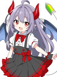 1girl :d ahoge black_skirt blush bow bowtie collared_shirt commentary_request cowboy_shot demon_girl demon_horns demon_tail demon_wings dot_nose fang frilled_skirt frills highres horns kotatsu-mazoku long_hair looking_at_viewer open_mouth original pleated_skirt pointy_ears purple_hair red_bow red_bowtie red_eyes red_horns shirt short_sleeves shoshinsha_demon_girl_(kotatsu-mazoku) shoshinsha_mark simple_background skin_fang skirt smile solo suspender_skirt suspenders tail waist_bow white_background white_shirt wings wrist_cuffs