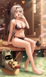 1girl absurdres ahoge alternate_costume bangboo_(zenless_zone_zero) bare_legs bare_shoulders barefoot bikini black_bikini blush breasts collarbone commentary commentary_request english_commentary feet food grey_hair heart highres holding holding_food large_breasts legs long_hair mixed-language_commentary navel open_mouth s99g side-tie_bikini_bottom single_hair_intake sitting solo steamed_bun stomach sweat swimsuit thighs toes yellow_eyes yixuan_(zenless_zone_zero) zenless_zone_zero