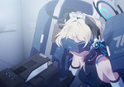 1girl bare_shoulders blonde_hair blue_archive blue_leotard clenched_teeth game_cg hair_bun head-mounted_display highres leotard maid_headdress mecha_pilot_suit non-web_source official_alternate_costume official_art shaded_face solo spoilers teeth toki_(abi-eshuh)_(blue_archive) toki_(blue_archive)