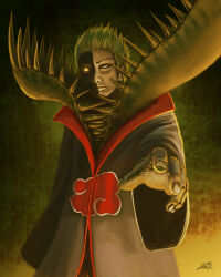 1boy 2012 absurdres akatsuki_uniform black_skin closed_mouth colored_skin commentary english_commentary green_hair highres long_sleeves male_focus multicolored_skin naruto_(classic) naruto_(series) realistic short_hair signature solo two-tone_skin whatzitoya white_skin yellow_eyes zetsu_(naruto)