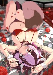 Rule 34 | 1girl, absurdres, animal collar, animal ear fluff, animal ears, arms up, bandaid, bandaid on leg, barefoot, bell, black nails, blurry, blurry background, blush, bra, breasts, brown eyes, brown hair, checkered floor, choker, cleavage, closed mouth, collar, commission, covered erect nipples, depth of field, dog ears, dog girl, dog tail, flower, hair ornament, highres, lace, lace-trimmed bra, lace-trimmed panties, lace trim, large breasts, lingerie, looking at viewer, lying, multicolored hair, nail polish, navel, neck bell, on back, on floor, original, panties, petals, pink hair, red bra, red choker, red collar, red flower, red nails, red panties, red rose, red thighhighs, rose, rose petals, shiro9jira, single thighhigh, skeb commission, smile, solo, tail, thighhighs, two-tone hair, underwear, underwear only, upside-down