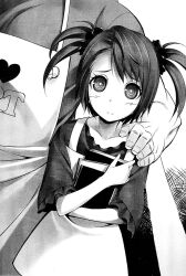 1boy 1girl apron blouse blush book brown_hair child collarbone dress dutch_angle father_and_daughter greyscale hair_ornament hair_tie height_difference highres holding holding_book ikeda_yasuhiro looking_at_viewer medium_hair monochrome non-web_source official_art pinafore_dress ringed_eyes science_adventure shirt short_twintails sidelocks sleeveless sleeveless_dress smile square_pupils steins;gate t-shirt tall_male tennouji_nae tennouji_yuugo twintails white_apron wide_sleeves