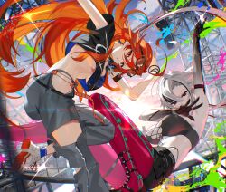 2girls absurdres arlecchino_(genshin_impact) arm_up armpits black_hands black_shoes blue_socks breasts cleavage colored_extremities eyewear_on_head genshin_impact glasses grey_hair hair_between_eyes highres hoyofair long_hair looking_at_viewer mavuika_(genshin_impact) midriff multicolored_hair multiple_girls navel outdoors pants pantyhose pink_pantyhose red_hair scottie_(phantom2) shoes socks streetwear symbol-shaped_pupils symbol_in_eye torn_clothes torn_pants underboob white_shoes