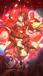 1girl ;p absurdres balloon black_gloves black_thighhighs breasts brown_hair chi_pao_fu_de_maotouying chinese_commentary commentary_request curtains dress fishnet_socks fishnets fox_mask gloves heart_balloon high_heels highres honkai:_star_rail honkai_(series) honkai_impact_3rd long_hair mask mask_on_head official_alternate_costume one_eye_closed purple_eyes red_dress single_glove single_sock single_thighhigh small_breasts socks solo sparkle_(doll)_(honkai:_star_rail) sparkle_(fictitious_game)_(honkai:_star_rail) sparkle_(honkai:_star_rail) spotlight thighhighs tongue tongue_out twintails very_long_hair