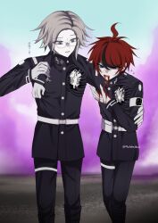 2boys ahoge aotsuki_eito blood blood_from_mouth blood_on_hands blue_eyes carrying carrying_over_shoulder carrying_person highres japanese_text male_focus matching_outfits messy_hair multiple_boys parted_hair red_hair simple_background sumino_takumi the_hundred_line_-last_defense_academy- white_hair