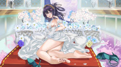 1girl absurdres arm_cuffs barefoot breasts cleavage commentary double-parted_bangs dress eiyuu_densetsu floating_hair flower full_body hair_between_eyes hair_rings high_heels highres indoors kuro_no_kiseki_(series) large_breasts long_hair looking_at_viewer mosta_(lo1777789) nail_polish purple_eyes purple_hair rixia_mao rose sideboob smile solo thighs wedding_dress white_dress