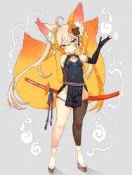 animal_ear_fluff animal_ears black_gloves blonde_hair breasts china_dress chinese_clothes dress elbow_gloves flower_hairpin fox_ears gloves grey_background high_heels highres kitsune multicolored_hair multiple_tails orange_hair original shirt single_thighhigh small_breasts solo sword tail tassel thigh_strap thighhighs toconikky weapon white_shirt