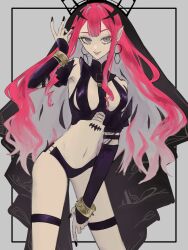 Rule 34 | 1girl, baobhan sith (fate), baobhan sith (second ascension) (fate), black nails, black panties, bracelet, breasts, detached sleeves, earrings, fate/grand order, fate (series), grey hair, hand up, highres, hiyakamosirenai, hoop earrings, jewelry, long hair, looking at viewer, nail polish, navel, panties, pink hair, pointy ears, revealing clothes, sidelocks, smile, solo, spiked bracelet, spikes, thigh strap, underwear, veil