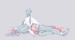 1boy 1girl abstract bleeding blood blood_splatter blood_on_clothes blood_on_hands hair_over_eyes hidden_face highres injury long_hair looking_up low_twintails lying nishihara_isao original pleated_skirt pool_of_blood school_uniform skirt twintails