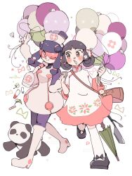 2girls ;) absurdres artist_name assault_visor balloon bandaid black_bodysuit black_eyes black_hair black_shoes bodysuit boots closed_mouth dress flower full_body hair_flower hair_ornament hat highres holding holding_balloon holding_hands interlocked_fingers jasmine_(mega_man) meddy.exe_(mega_man) mega_man_(series) mega_man_battle_network_(series) mega_man_battle_network_5 multiple_girls nurse_cap one_eye_closed open_mouth panda pill purple_hair shoes smile standing standing_on_one_leg umbrella white_boots white_dress yukikokoro