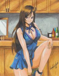 Rule 34 | 1girl, absurdres, bar (place), bare shoulders, blue dress, blue ribbon, bottle, breasts, brown eyes, brown hair, cabinet, cleavage, counter, cup, dress, drinking glass, earrings, final fantasy, final fantasy vii, final fantasy vii remake, hand on own knee, high heels, highres, jewelry, large breasts, light smile, long hair, looking at viewer, mirror, official alternate costume, pleated dress, ravernclouk design, ribbon, short dress, signature, single earring, sitting, solo, stool, swept bangs, thighs, tifa lockhart, tifa lockhart (refined dress), wine bottle