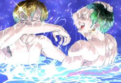2boys ^_^ artist_name blonde_hair closed_eyes commentary_request curly_eyebrows dated earrings green_hair highres jewelry male_focus multiple_boys one_piece open_mouth roronoa_zoro sanji_(one_piece) short_hair sideburns topless_male trg_rak upper_body v-shaped_eyebrows