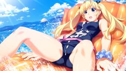 1girl :o ahoge bare_shoulders blonde_hair blue_eyes blue_ribbon blue_scrunchie blue_sky blush breasts cameltoe cloud cum cum_on_body cum_on_breasts cum_on_clothes cum_on_pussy cum_on_stomach cum_on_upper_body day dutch_angle facial feet_out_of_frame fingernails floating_hair furrowed_brow game_cg grisaia_(series) grisaia_no_kajitsu hair_flaps hair_ribbon highres light_rays long_eyelashes long_fingernails long_hair lying matsushima_michiru medium_breasts non-web_source ocean official_art on_back open_mouth outdoors reclining ribbon school_swimsuit scrunchie sidelocks skindentation sky solo sparkling_eyes splashing spread_legs sunbeam sunlight swimsuit teeth thick_eyelashes thighs three_quarter_view twintails upper_teeth_only watanabe_akio water wide-eyed wrist_scrunchie