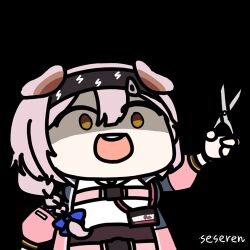 1girl animal_ears animated animated_gif arknights artist_name black_hairband braid cat_ears cat_girl chibi chinese_commentary commentary_request floppy_ears goldenglow_(arknights) hairband holding holding_scissors jacket lightning_bolt_print long_hair long_sleeves looking_at_viewer lowres multicolored_jacket open_mouth pink_hair pink_jacket print_hairband scissors seseren shaded_face side_braid simple_background smile solo transparent_background two-tone_jacket upper_body yellow_eyes