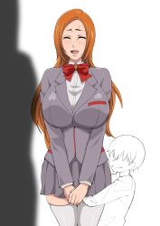 1boy 1girl age_difference ass bleach bleach:_sennen_kessen-hen breasts cheating_(relationship) curvy female_focus highres huge_breasts inoue_orihime iwao178 large_breasts long_hair netorare orange_hair school school_uniform shorts smile solo thick_thighs thighs wide_hips