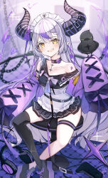 1girl :d alternate_costume animal_on_arm bird bird_on_arm black_choker black_footwear black_horns black_shirt black_skirt black_thighhighs blurry blurry_background blush breasts chain choker collarbone commentary controller crow_(la+_darknesss) demon_horns detached_sleeves double-parted_bangs enmaided fang frills full_body game_controller green_eyes grey_hair haidollo headphones headphones_removed highres hololive horns la+_darknesss long_hair looking_at_viewer maid maid_headdress microskirt multicolored_hair on_chair open_mouth platform_footwear pleated_skirt pointy_ears purple_hair purple_sleeves shirt shoes single_off_shoulder single_thighhigh sitting skin_fang skirt skull_choker sleeveless sleeveless_shirt sleeves_past_fingers sleeves_past_wrists small_breasts smile streaked_hair striped_horns thigh_strap thighhighs very_long_hair virtual_youtuber yellow_eyes