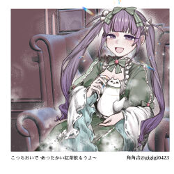 Rule 34 | 1girl, 3d background, :d, absurdres, armchair, blunt bangs, blush, border, bow, breasts, chair, cleavage, commentary request, cowboy shot, cross-laced clothes, cross-laced sleeves, dress, ear blush, green bow, green dress, hair bow, hands up, highres, holding, holding teapot, indoors, light particles, long hair, looking at viewer, medium breasts, nose blush, official alternate costume, official alternate hairstyle, on chair, open mouth, outside border, paid reward available, purple eyes, purple hair, ribbon-trimmed sleeves, ribbon trim, shoujo kageki revue starlight, sitting, sleeve bow, smile, solo, striped bow, sumi kichi, teapot, translation request, tsuyuzaki mahiru, twintails, very long hair, white border, wide sleeves