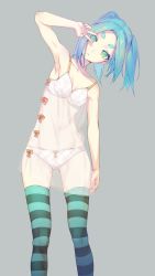 Rule 34 | 10s, 1girl, armpits, bare shoulders, bow, bow panties, bra, breasts, chair, collarbone, dress, female focus, green eyes, green hair, grey background, leaning to the side, legs apart, looking at viewer, monogatari (series), navel, nilitsu, nisemonogatari, ononoki yotsugi, panties, short eyebrows, short hair, simple background, small breasts, solo, standing, striped clothes, striped thighhighs, thick eyebrows, thighhighs, twintails, underwear, v, v over eye, white bra, white panties