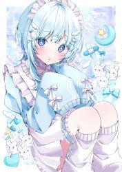+_+ 1girl absurdres apron baby_bottle blue_hair blue_jacket bottle bow chibana_sora commentary_request crescent crossed_bandaids frilled_apron frills hair_ornament hairclip halo hands_up heart heart_hair_ornament highres jacket jersey_maid juliet_sleeves kneehighs long_hair long_sleeves looking_at_viewer loose_socks maid maid_headdress original parted_lips pill pixelated pleated_skirt puffy_sleeves purple_eyes skirt socks solo star_(symbol) unconventional_maid white_apron white_bow white_skirt white_socks